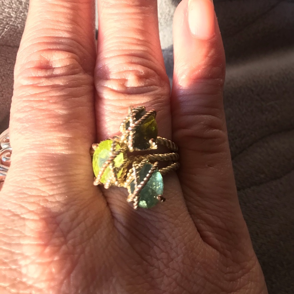 Three stone peridot, Smokey quarts, and aquamarine size 7 ring